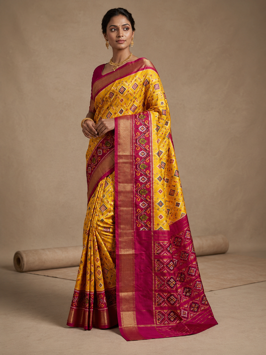 Yellow & Magenta Pochampally Ikkat Silk Saree with Gold Zari