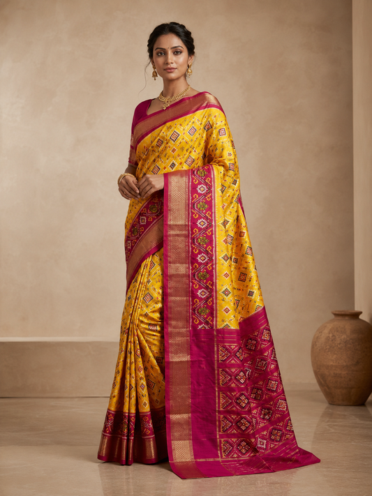 Yellow & Magenta Pochampally Ikkat Silk Saree with Gold Zari