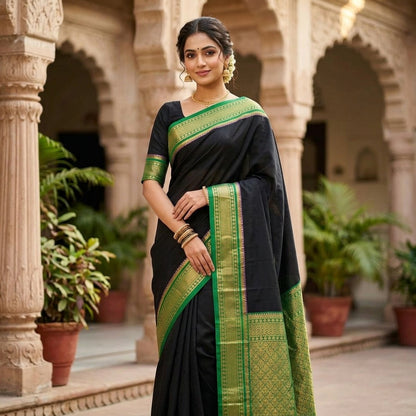Festive Mysore-Based Black Silk Blend Saree with Contrast Green Zari Border