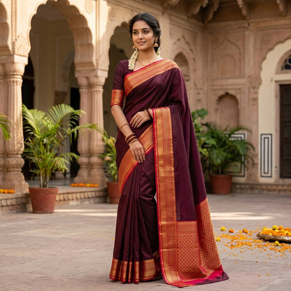 Elegant Mysore-Based Deep Wine Maroon Soft Silk Saree with Rich Zari Border & Checked Pattern