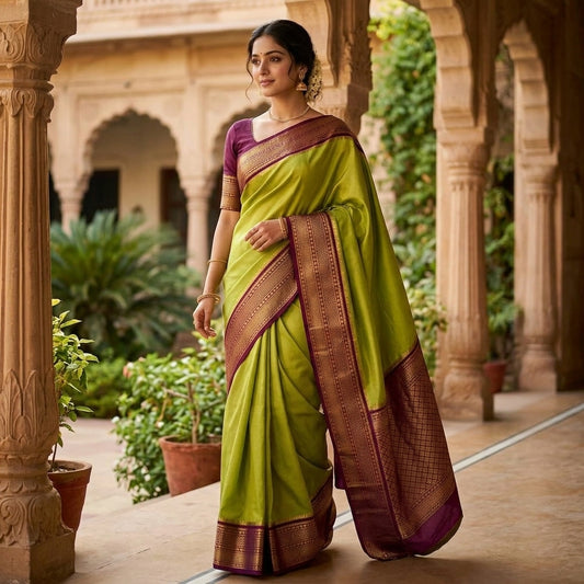 Traditional Mysore-Based Olive Green Silk Saree with Contrast Maroon-Wine Zari Border