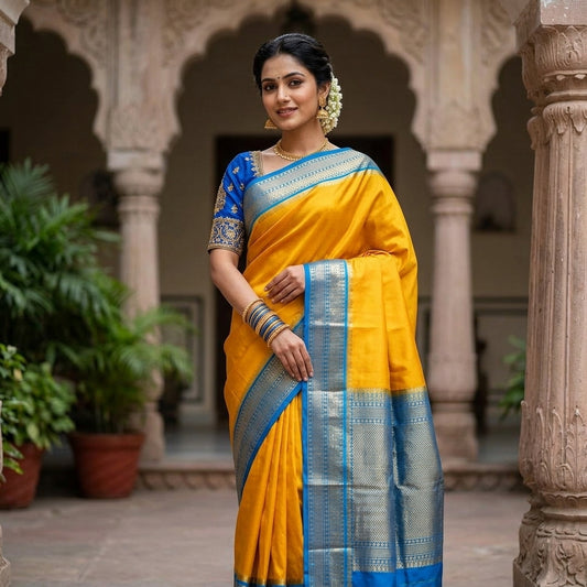Traditional Mysore-Based Mustard Yellow Silk Saree with Contrasting Royal Blue Zari Border