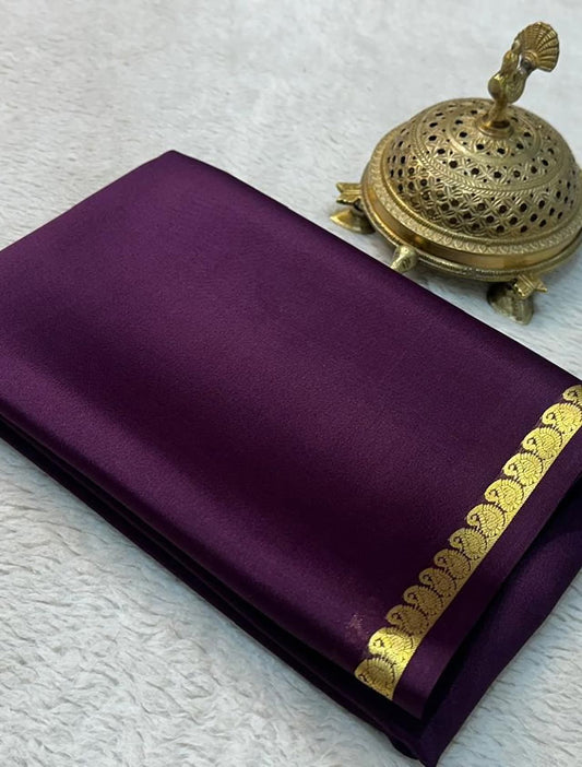 Deep Purple Soft Silk Saree with Gold Zari Paisley Border and Striped Pallu