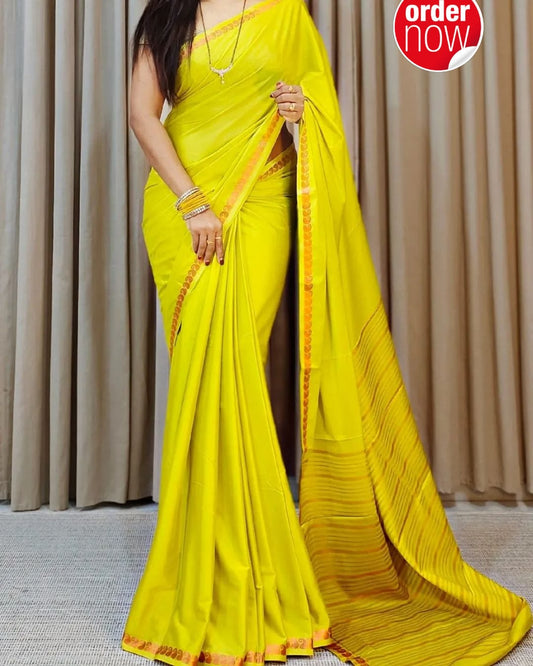 Vibrant Lime Yellow Soft Silk Saree with Gold Zari Woven Motif Border