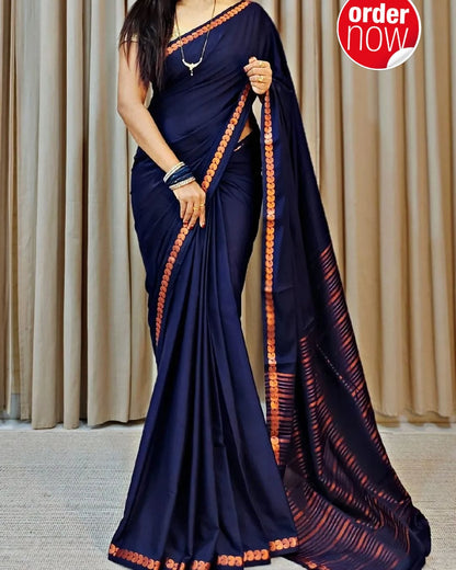 Midnight Navy Blue Soft Silk Saree with Gold Zari Paisley Border