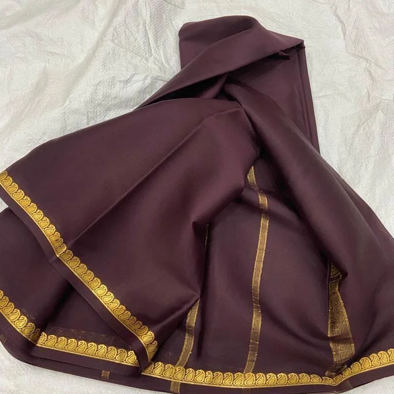 Deep Cocoa Brown Soft Silk Saree with Gold Zari Paisley Border