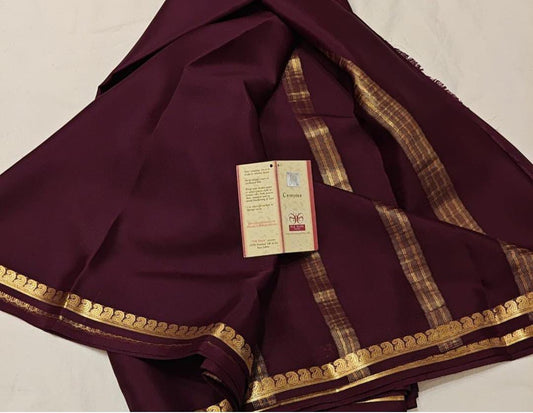 Deep Burgundy Wine Soft Silk Saree with Gold Zari Paisley Border