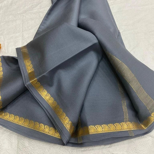 Steel Grey Soft Silk Saree with Gold Zari Paisley Motif Border