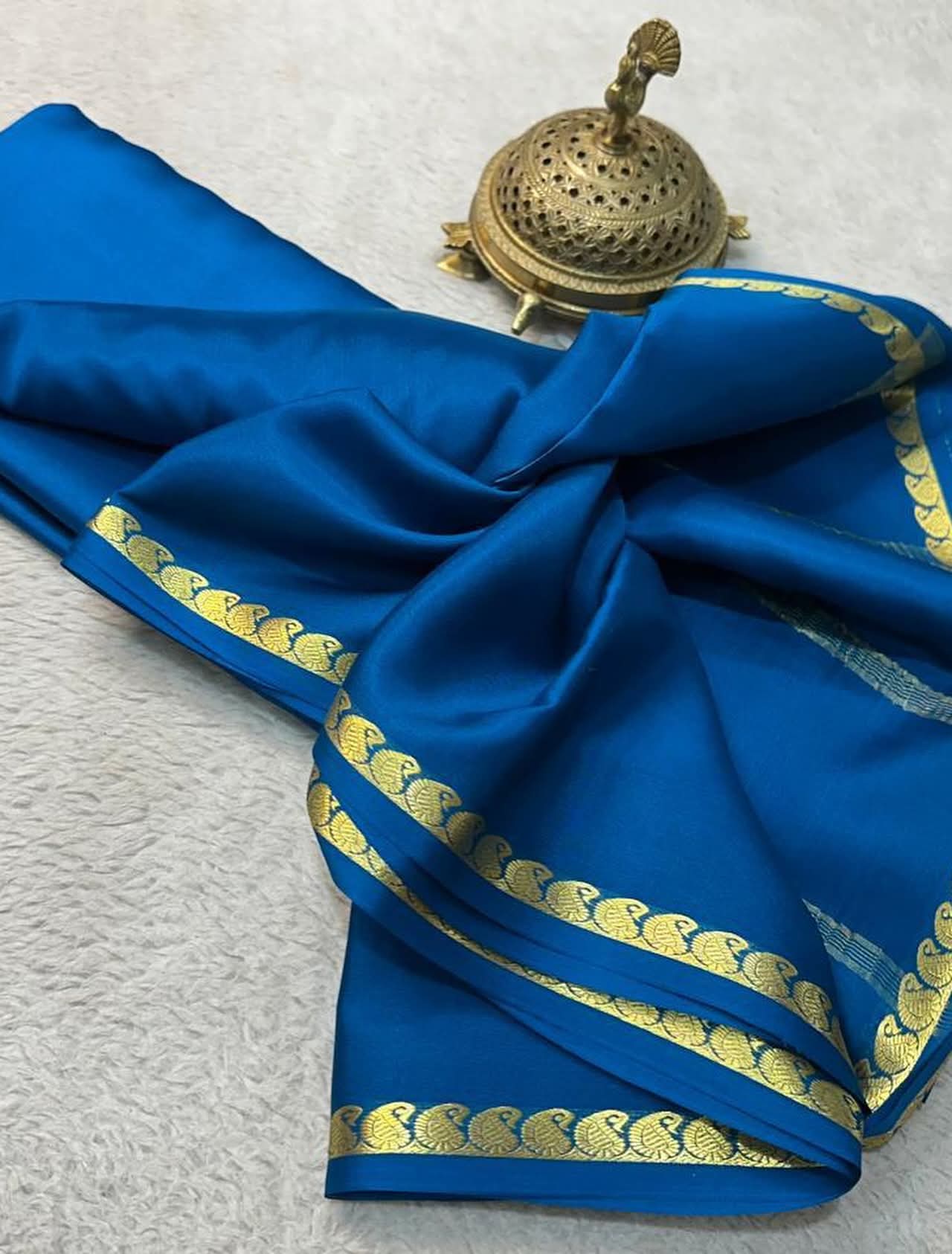 Deep Teal Blue Soft Silk Saree with Traditional Gold Zari Motif Border