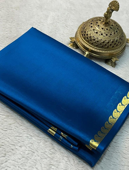 Deep Teal Blue Soft Silk Saree with Traditional Gold Zari Motif Border