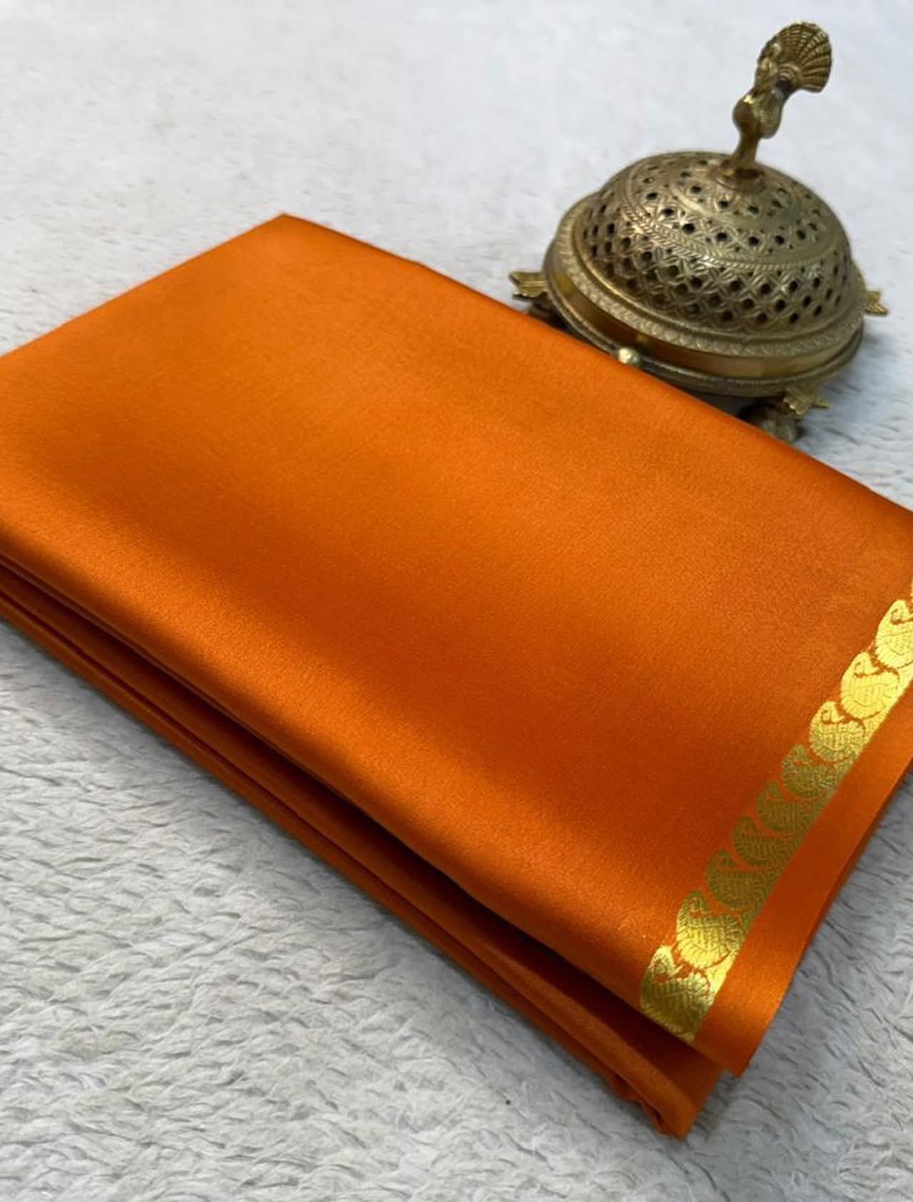 Burnt Orange Soft Silk Saree with Traditional Gold Zari Peacock Border