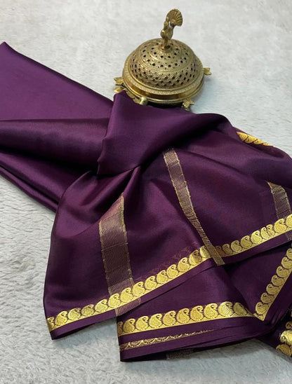 Deep Purple Soft Silk Saree with Gold Zari Paisley Border and Striped Pallu