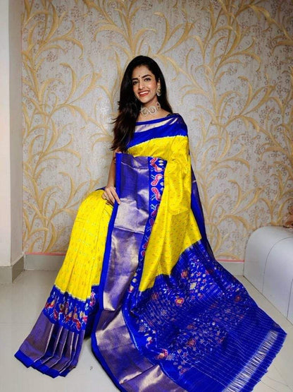 Yellow and Royal Blue Woven Silk Saree