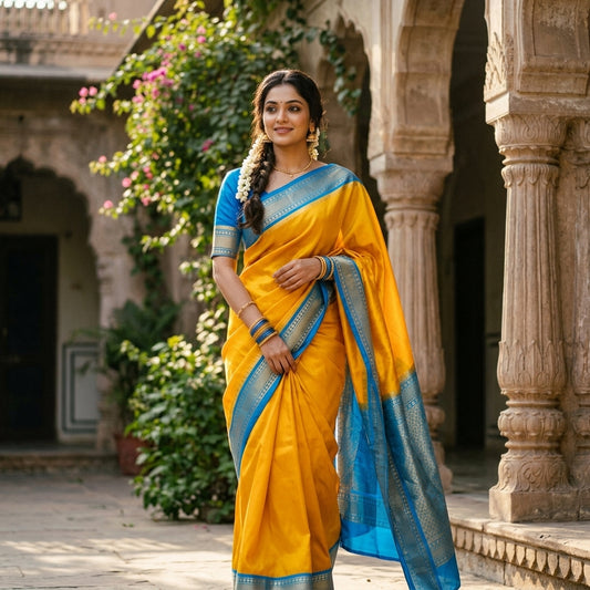 Traditional Mysore-Based Mustard Yellow Silk Saree with Contrasting Royal Blue Zari Border