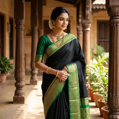 Festive Mysore-Based Black Silk Blend Saree with Contrast Green Zari Border
