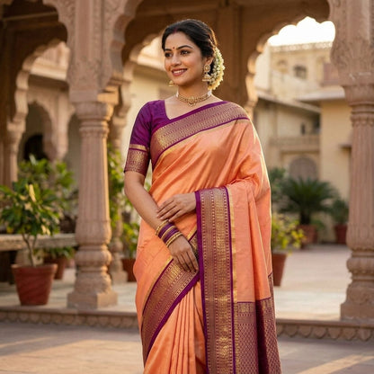 Elegant Mysore-Based Peach and Purple Soft Silk Woven Design Traditional Saree