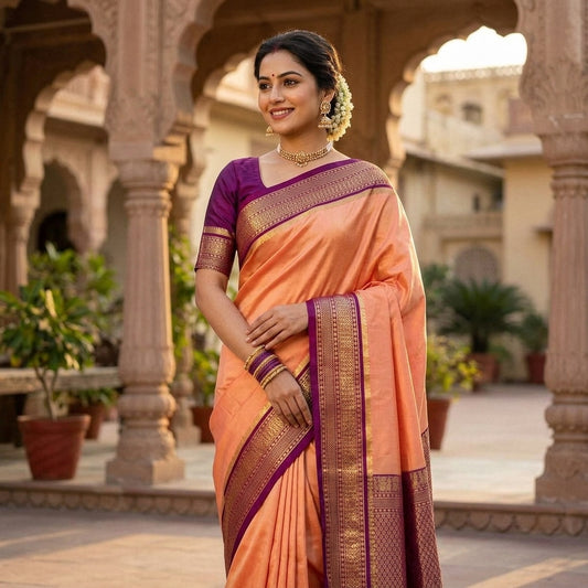 Elegant Mysore-Based Peach and Purple Soft Silk Woven Design Traditional Saree