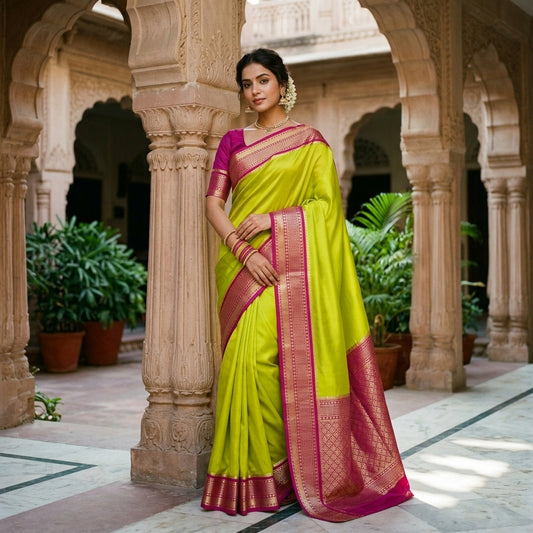 Traditional Mysore-Based Parrot Green and Rani Pink Silk Saree