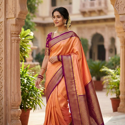 Elegant Mysore-Based Peach and Purple Soft Silk Woven Design Traditional Saree