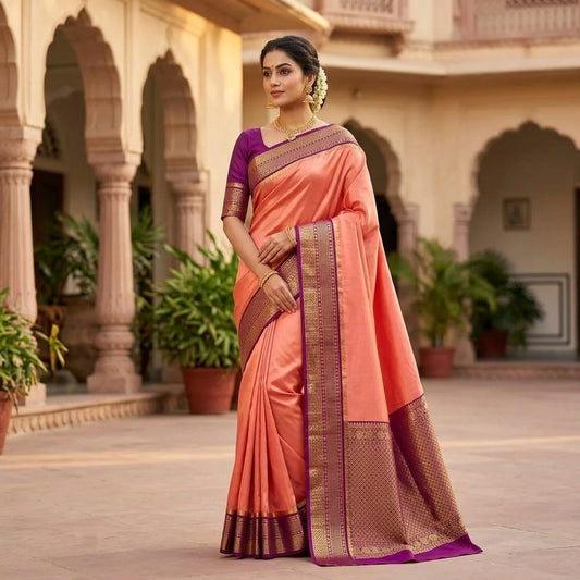 Mysore-Based Peach and Purple Silk Blend Saree
