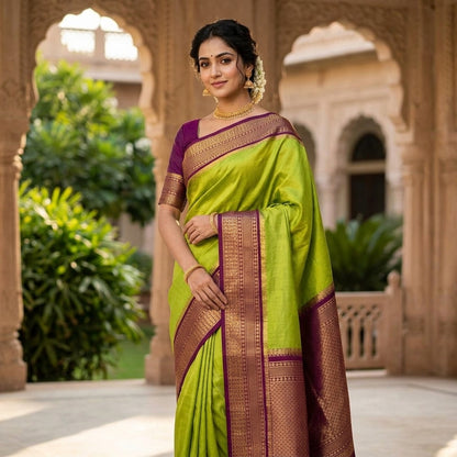 Traditional Mysore-Based Olive Green Silk Saree with Contrast Maroon-Wine Zari Border