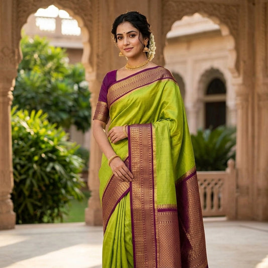 Traditional Mysore-Based Olive Green Silk Saree with Contrast Maroon-Wine Zari Border