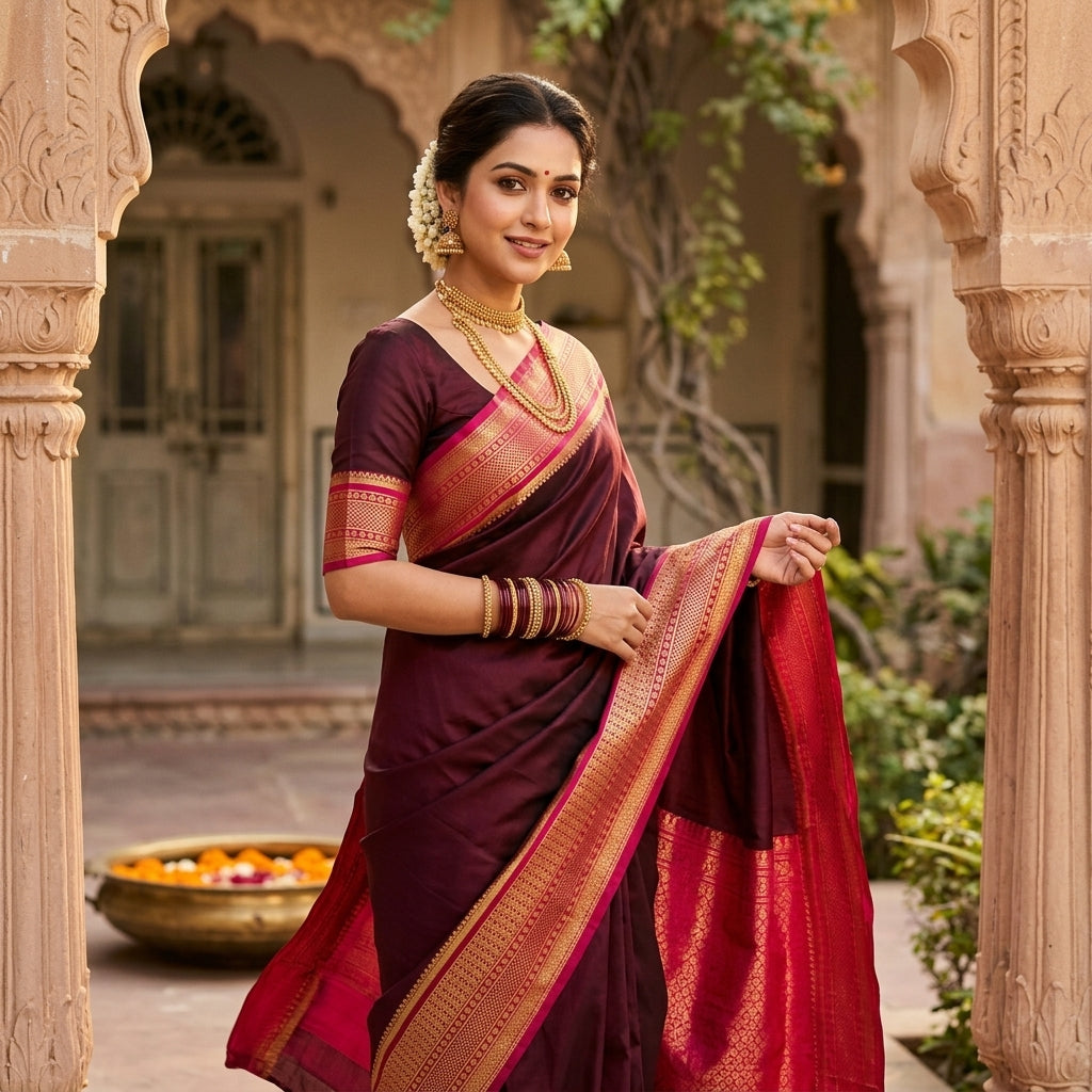 Elegant Mysore-Based Deep Wine Maroon Soft Silk Saree with Rich Zari Border & Checked Pattern