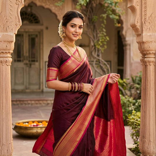 Elegant Mysore-Based Deep Wine Maroon Soft Silk Saree with Rich Zari Border & Checked Pattern