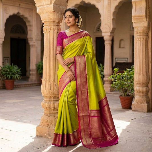 Traditional Mysore-Based Parrot Green and Rani Pink Silk Saree
