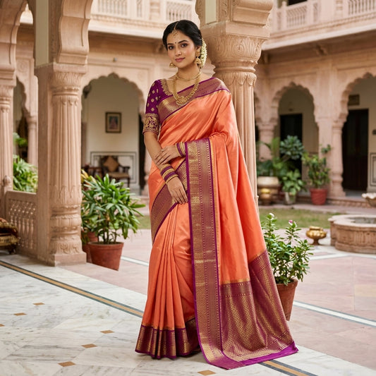 Mysore-Based Peach and Purple Silk Blend Saree