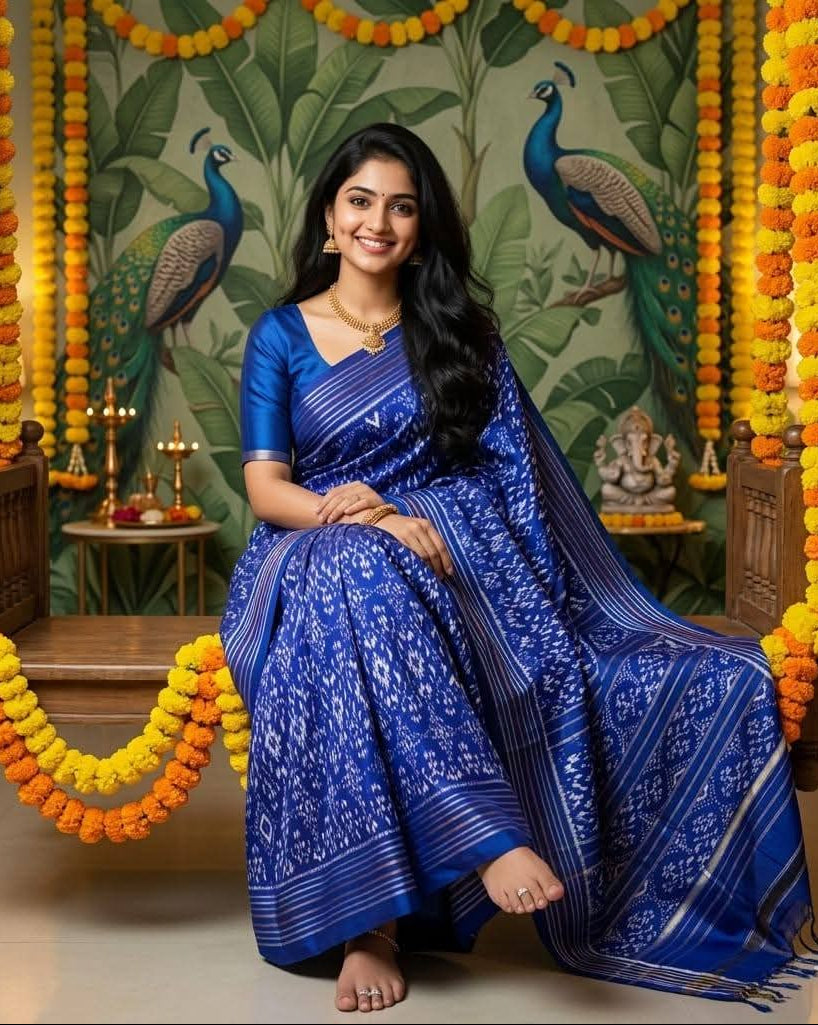 Royal Blue Pochampally Ikkat Pure Silk Saree with Silver Zari