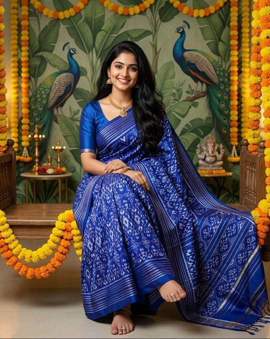 Royal Blue Pochampally Ikkat Pure Silk Saree with Silver Zari
