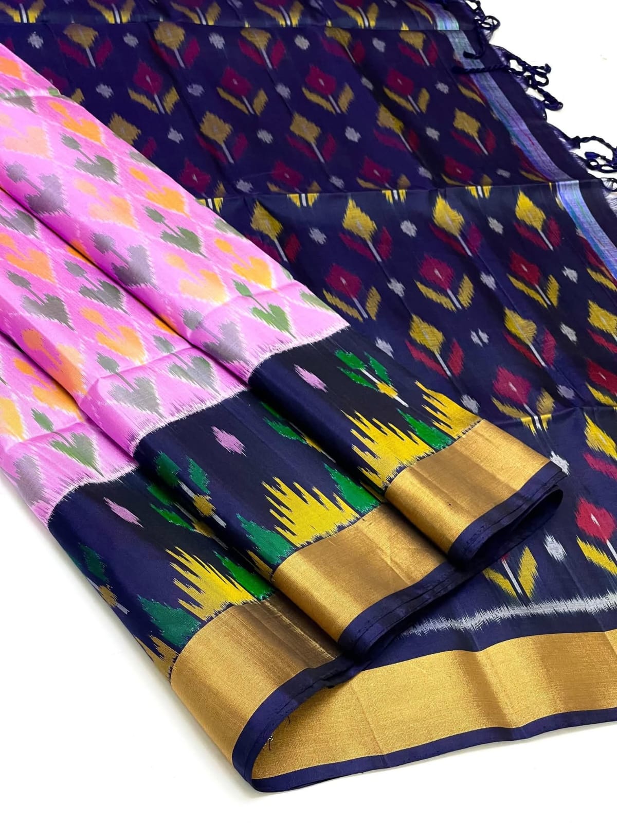 Pink & Navy Blue Pochampally Ikkat Silk Saree with Zari