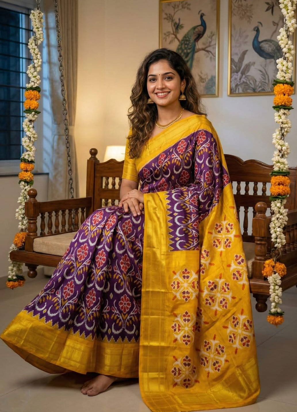Purple & Yellow Pochampally Ikkat Silk Saree with Gold Zari