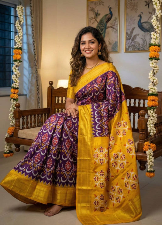 Purple & Yellow Pochampally Ikkat Silk Saree with Gold Zari