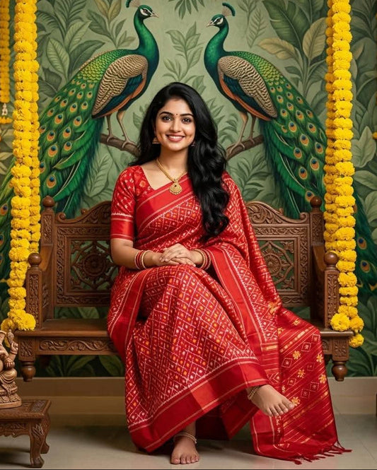 Red Pochampally Ikkat Silk Saree with Gold Zari Diamond Motifs