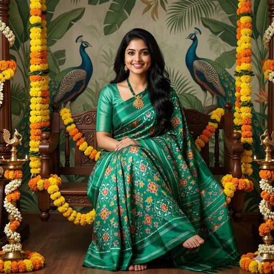 Emerald Green Pochampally Ikkat Pure Silk Saree with Silver Zari