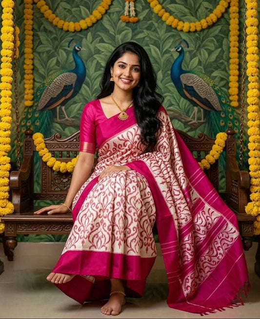 Off-White & Magenta Pochampally Ikkat Silk Saree with Swirl Motifs