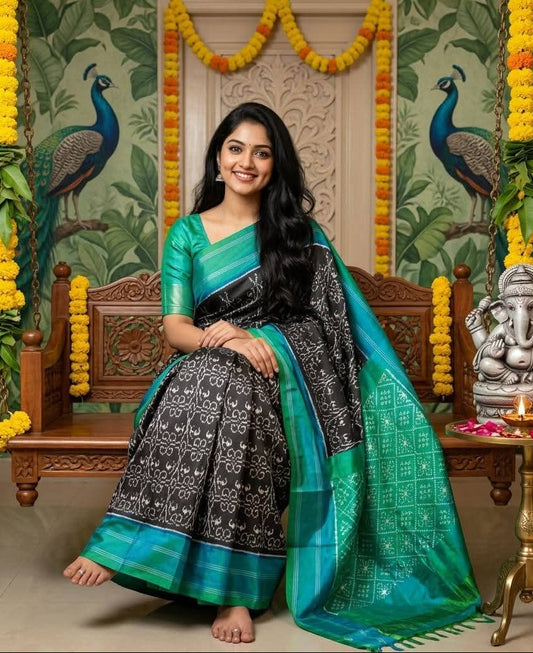 Black & Sea Green Pochampally Ikkat Pure Silk Saree