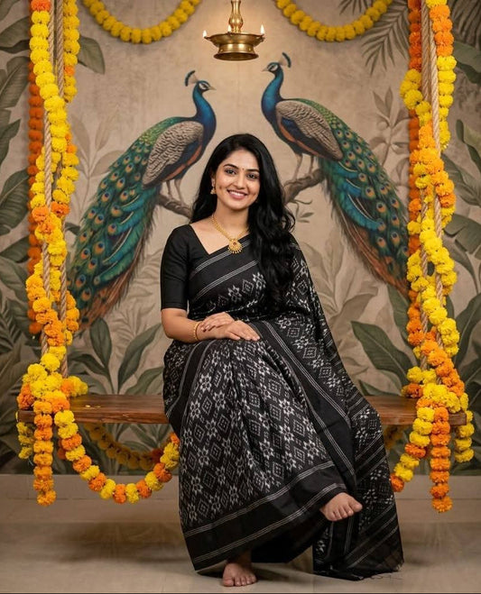 Black & White Pochampally Ikkat Silk Saree with Silver Zari