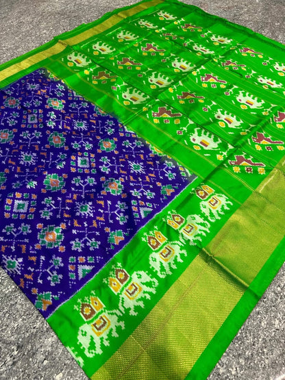 Purple & Parrot Green Pochampally Ikkat Silk Saree with Zari