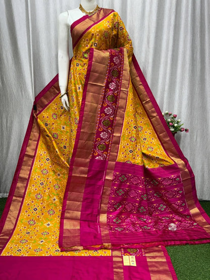 Yellow & Magenta Pochampally Ikkat Silk Saree with Gold Zari