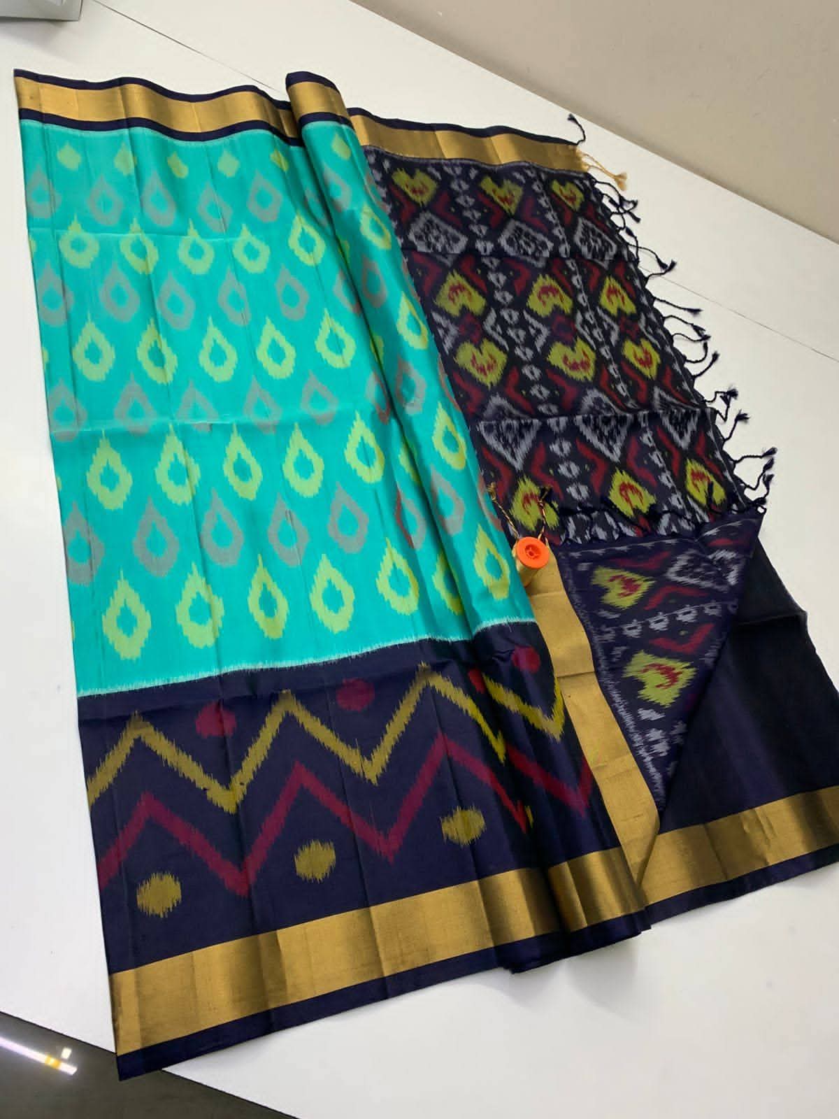 Turquoise & Navy Blue Pochampally Ikkat Silk Saree with Zari