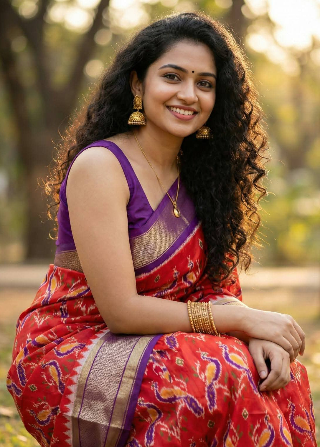 Red & Purple Pochampally Ikkat Silk Saree with Gold Zari