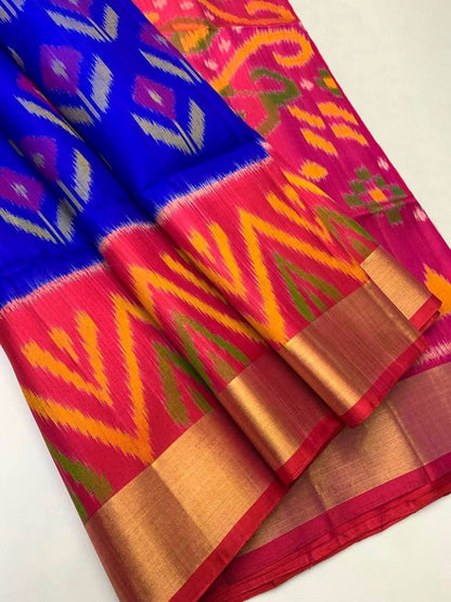 Royal Blue & Pink Pochampally Ikkat Silk Saree with Zari