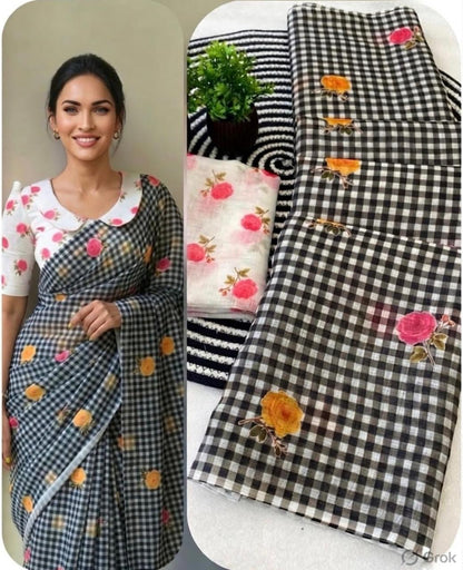 Black Checkered Saree with Floral Embroidery and Blouse