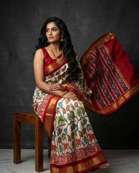 Cream and Red Ikat Silk Wedding Saree