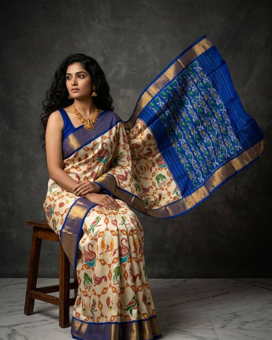 Cream and Royal Blue Ikat Silk Wedding Saree