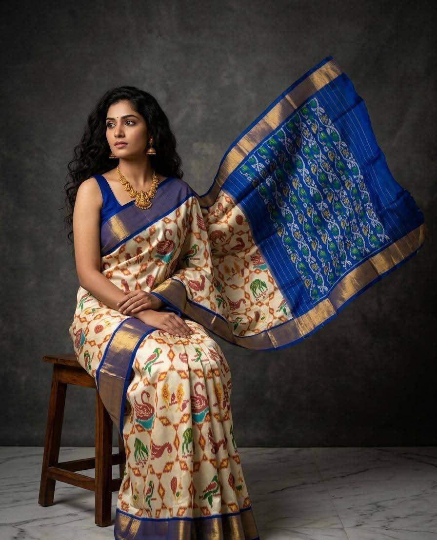 Cream and Royal Blue Ikat Silk Wedding Saree