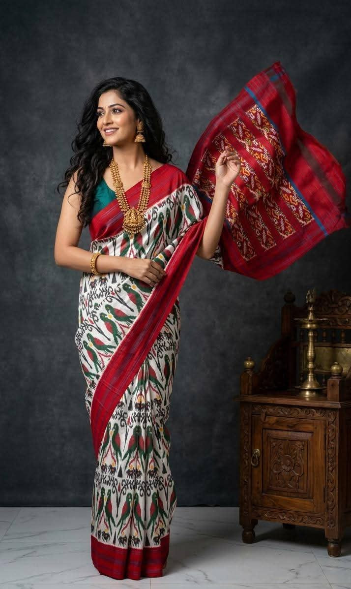 Cream and Red Ikat Silk Wedding Saree